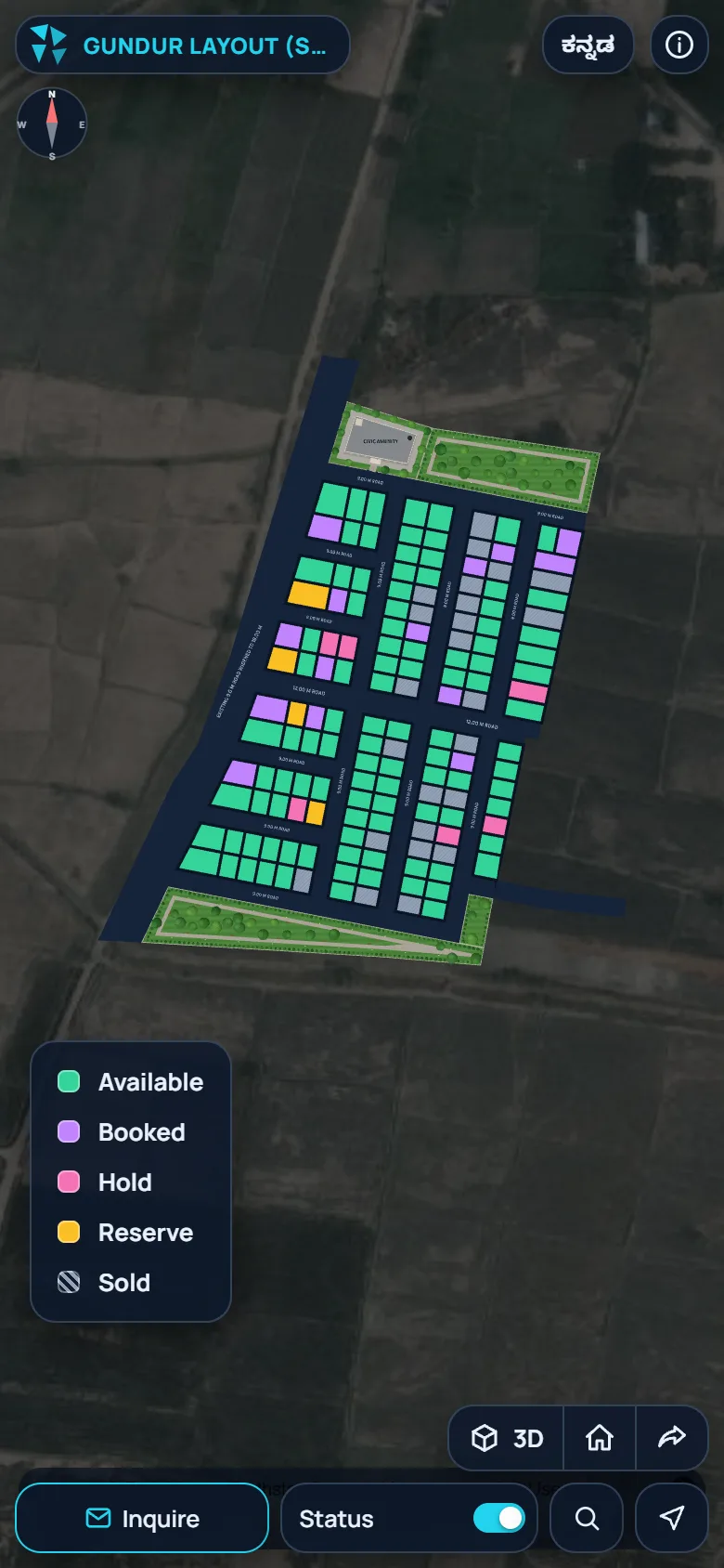Viewer on a phone: layout on the satellite map with plots coloured by status